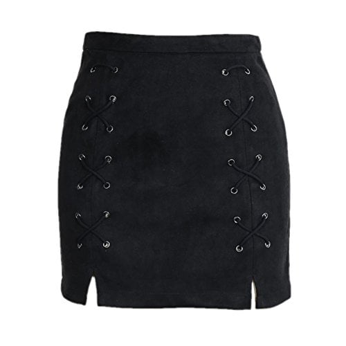 katiewens Womens Classic High Waist Lace Up Bodycon Faux Suede A Line Mini Pencil Skirt Black