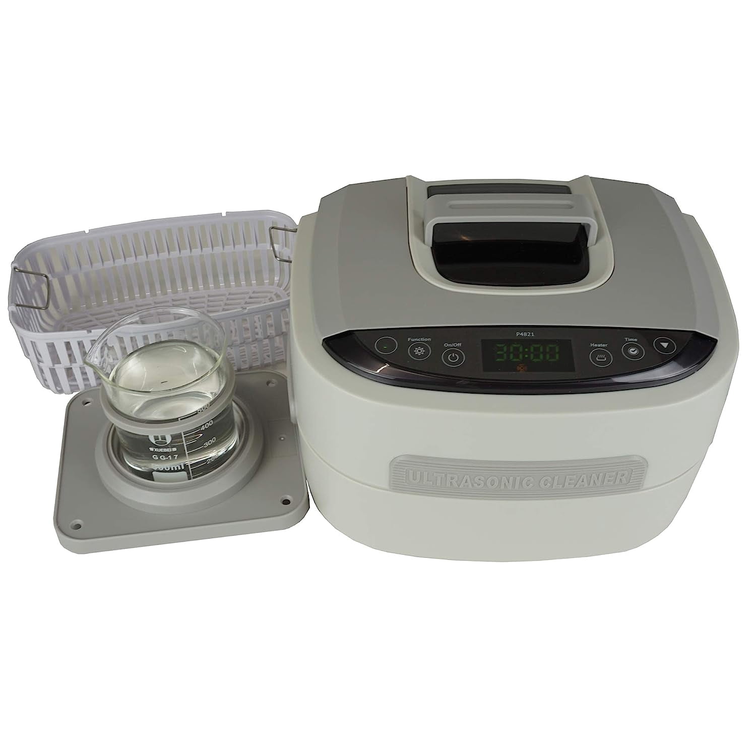 iSonic Ultrasonic Cleaner P4821, 2.6Qt/2.5 L, 60W Ultrasonic Stack Transducer, with 500 ml Single Beaker Holder Set for Diy Liposomal Vitamin C, 110V for North America, Beige (P4821+BHK01B)