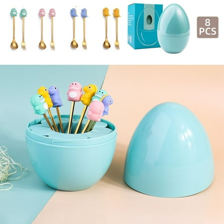 Creative Egg Box Pcaking Electroplate Christmas Series Stainless Steel Mood Egg Spoon and Fork Christmas Gift Christmas Decor Dinnerware Sets DINOSAUR-LIGHTBLUE