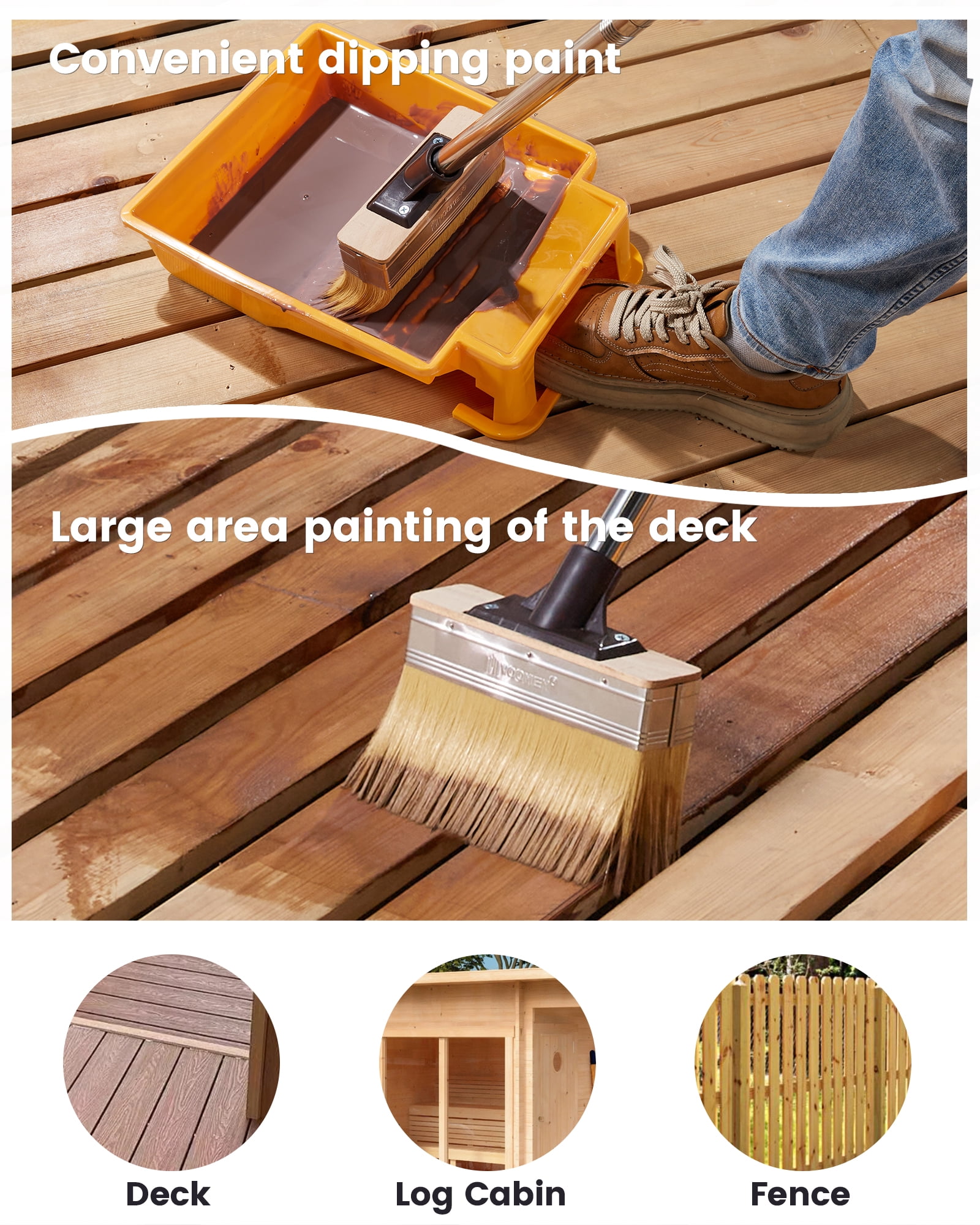 oomey 7.5-Inch Heavy-Duty Deck Brush Kit, 51 Inch Adjustable Extension Rod, Paint Tray 9 Inch with Liner, Wood Stain Brush, Designed for Quick Painting of Decks, Wood, and Floors