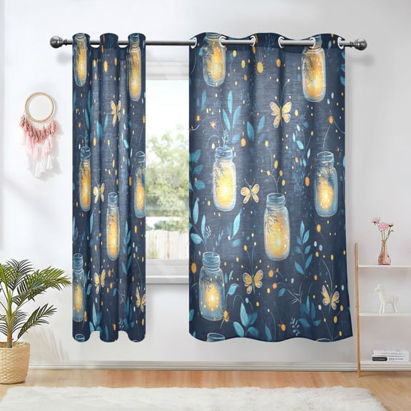 Yayeee Window Curtains Light Filtering 63"x42" Grommet Panel Pair Home Living Room Decor, Blue Fireflies Pattern