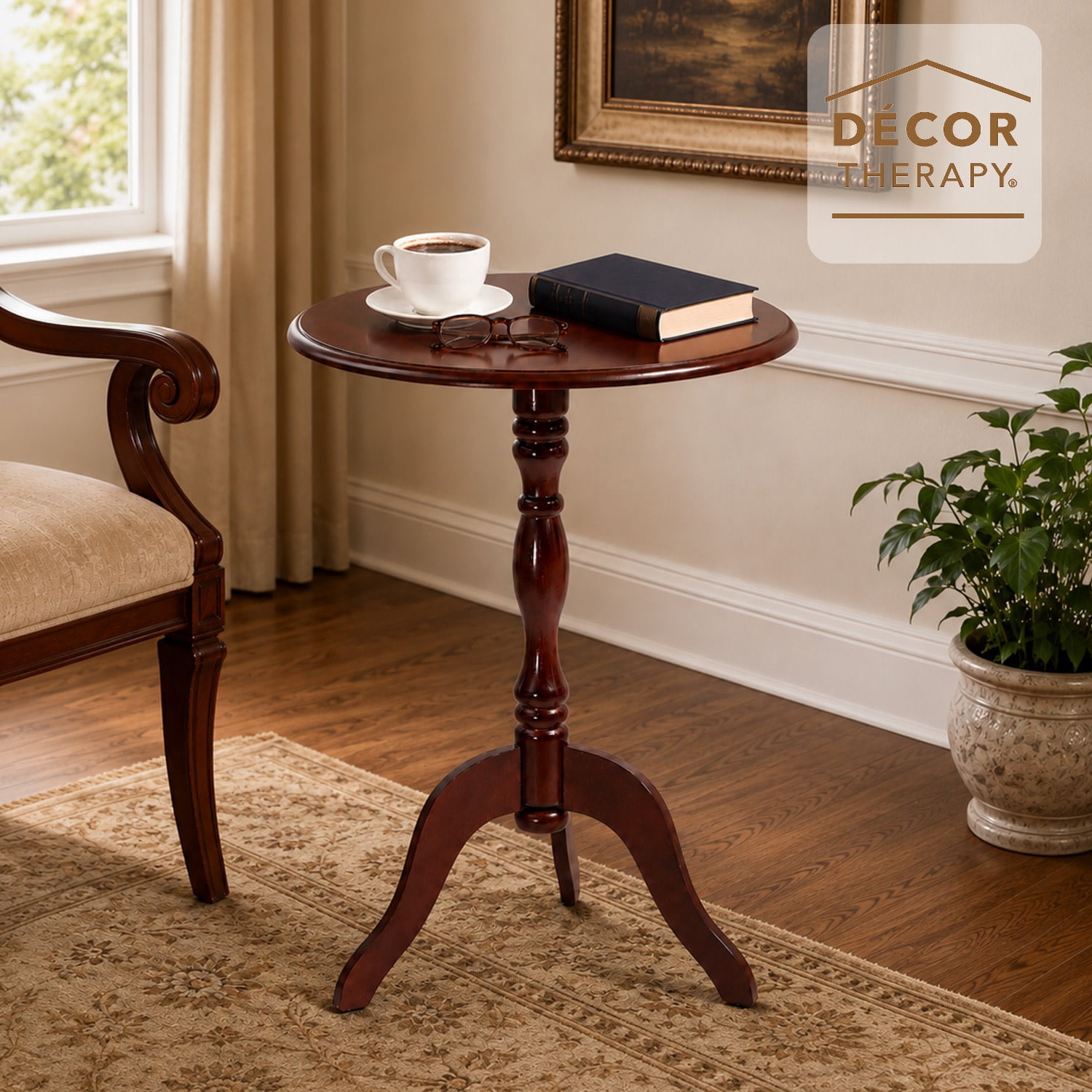 Decor Therapy Warwick Round Accent Table - 3 Leg Pedestal Side Table for Living Room, Bedroom, Entryway - Traditional Bistro Drink Table, Cherry