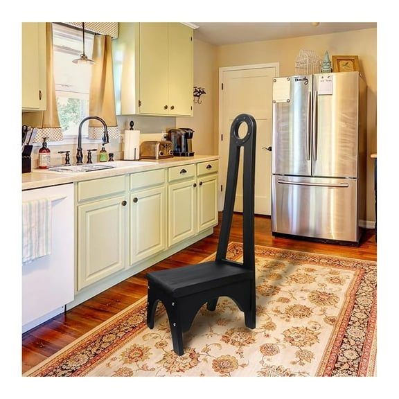 Wooden Step Stool with Tall Handle – One-Step Non-Slip Stool for Adults, Kitchen & Bathroom, Black