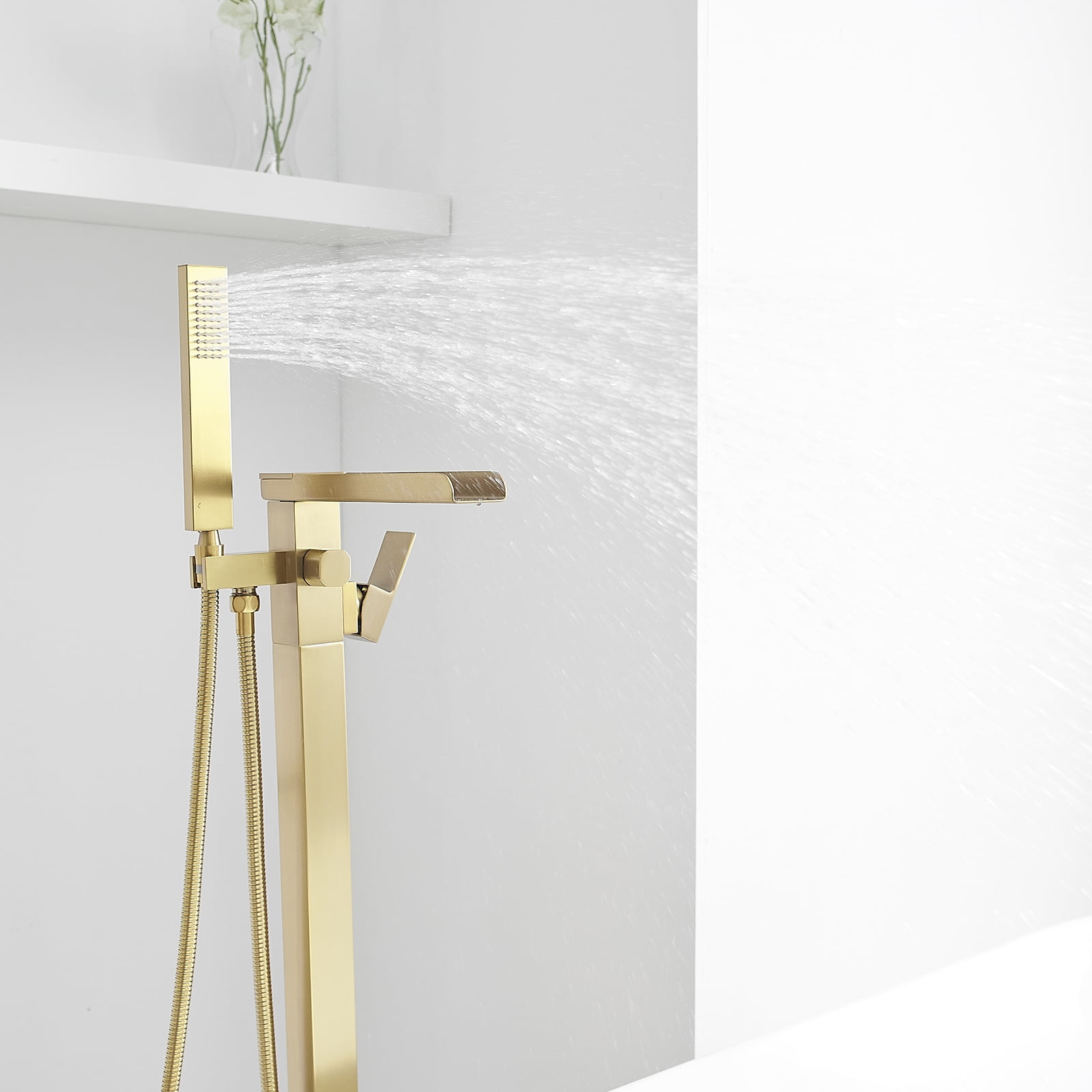 Single-Handle Floor Mount Freestanding Bathtub Faucet Waterfall Tub Filler with Handheld Shower in Brushed Gold