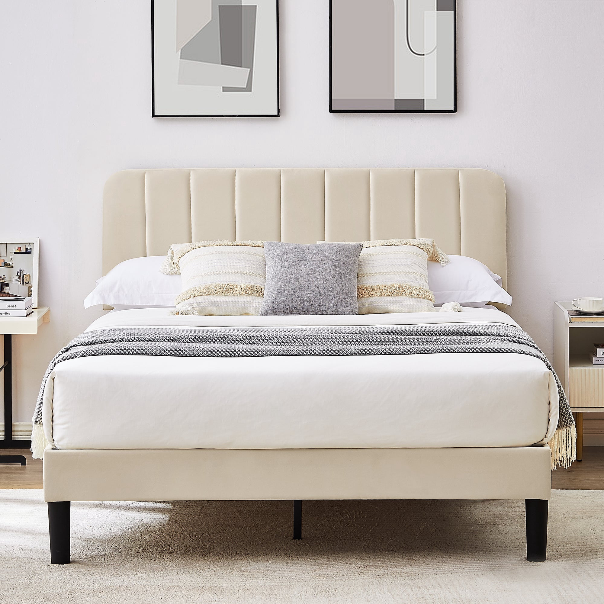 VECELO Queen Size Bed Frame, Upholstered Platform Bed Frame with Adjustable Headboard, No Box Spring Needed, Easy Assembly, Beige