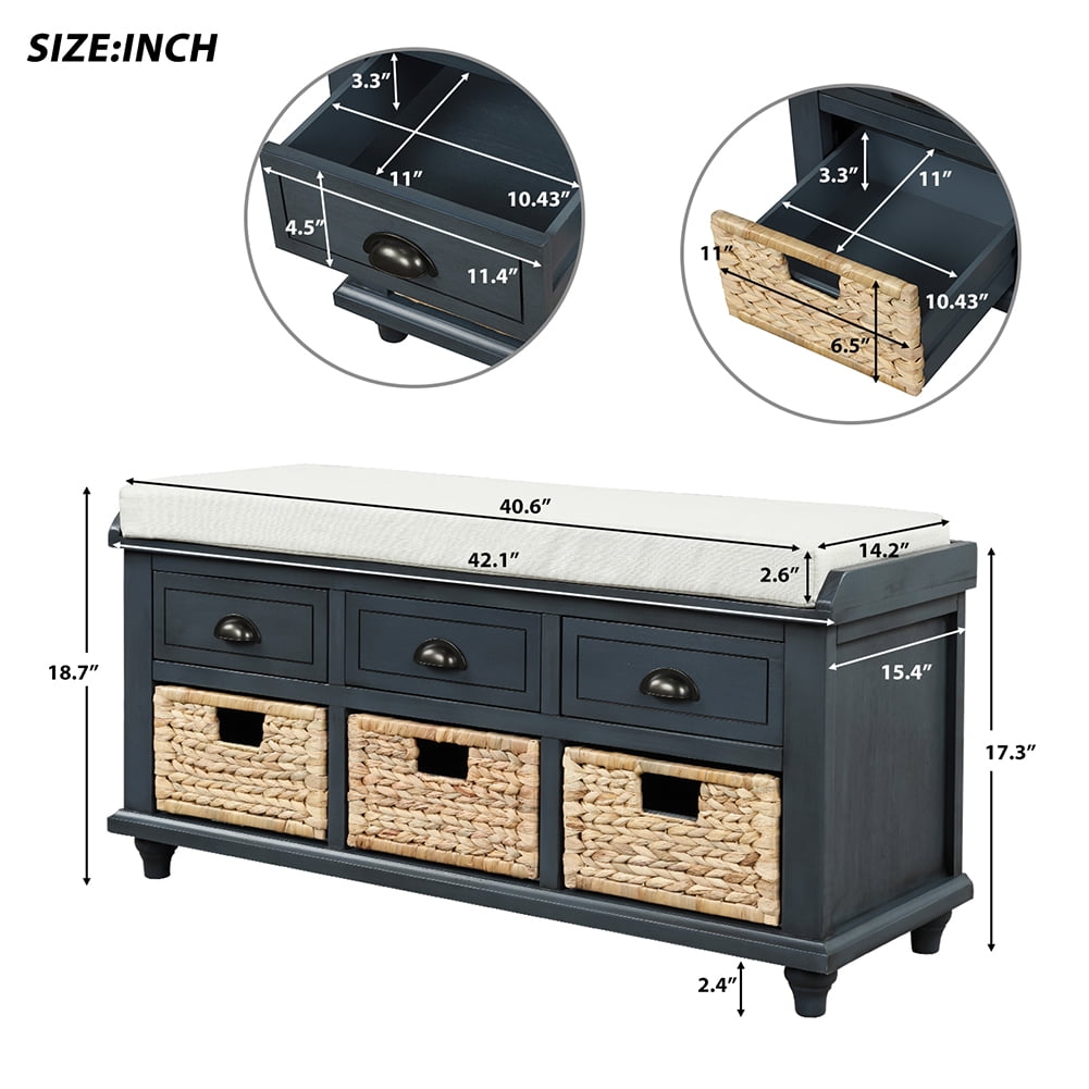 Lowestbest Shoe Bench with Removable Cushion, Rustic Storage Bench with 3 Drawers and 3 Rattan Baskets (Navy) Lowestbest Shoe Bench with Removable Cushion, Rustic Storage Bench with 3 Drawers and 3 Rattan Baskets (Navy)
