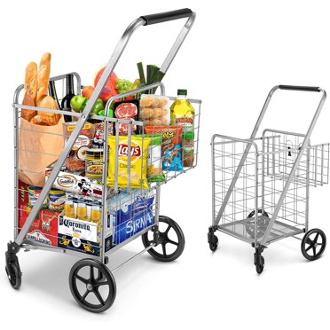 Shopping Cart Jumbo Double Basket Grocery Cart 330 Lbs Capacity Folding Shopping Cart With 360 Rolling Swivel Wheels Super Loading Utility Shopping Cart For Laundry Shopping Grocery Luggage Walmart Com