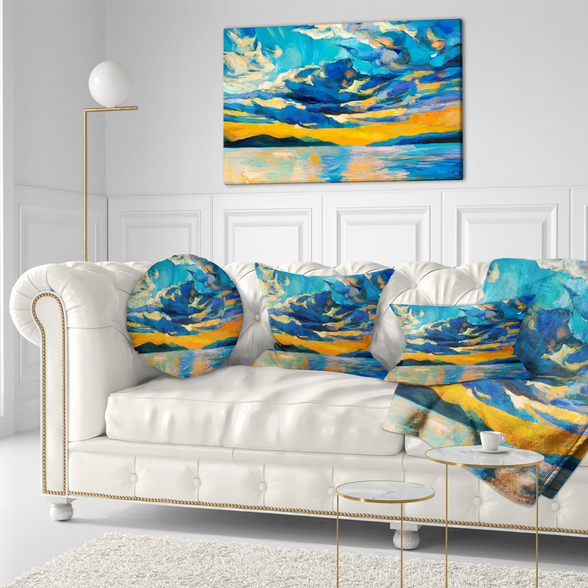 Designart Orange Sunset with Blue Sky - Modern Painting Throw Pillow - 12x20