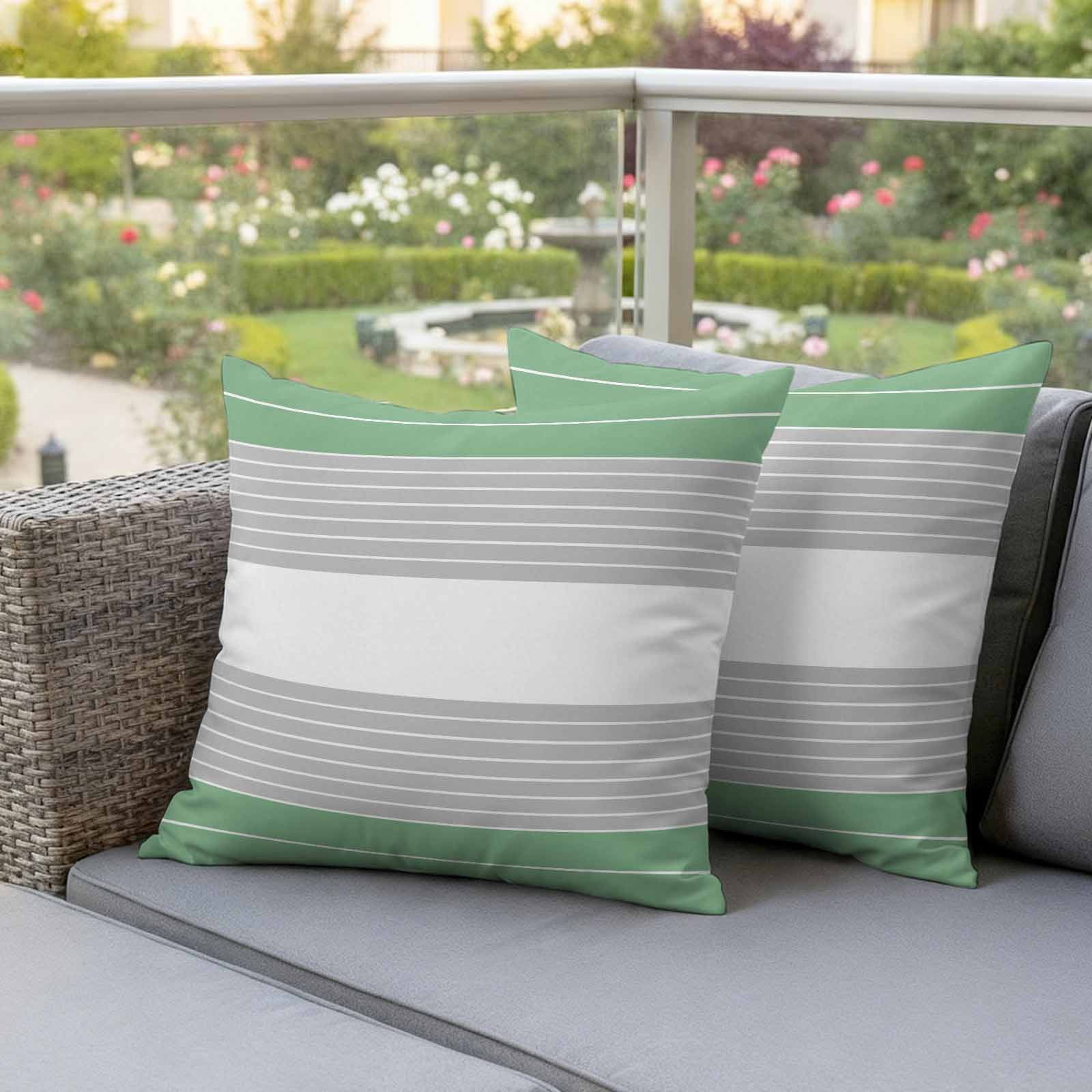 Green Grey Stripe Outdoor Waterproof Pillow Covers, Modern Art Horizontal Striped Decorative Square Throw Pillowcase Sofa Cushion Sham for Patio/Couch/Chair, 24"x24" 2 Pack