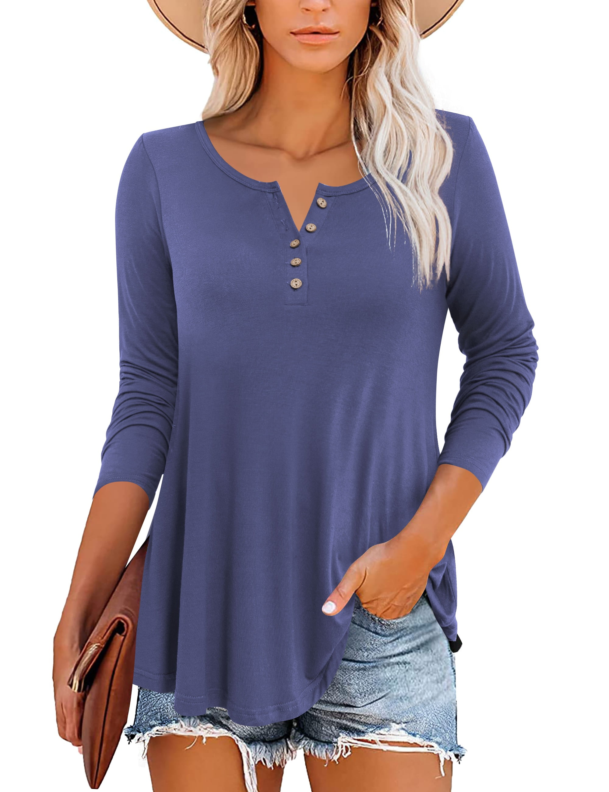 Traleubie Plus Size Tunic Tops Long Sleeve Casual Floral Printed Henley ...