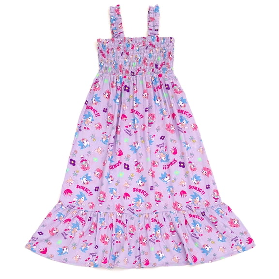 SEGA Sonic The Hedgehog Tails Knuckles Square Neck Smocked Maxi Dress Little Kid to Big Kid