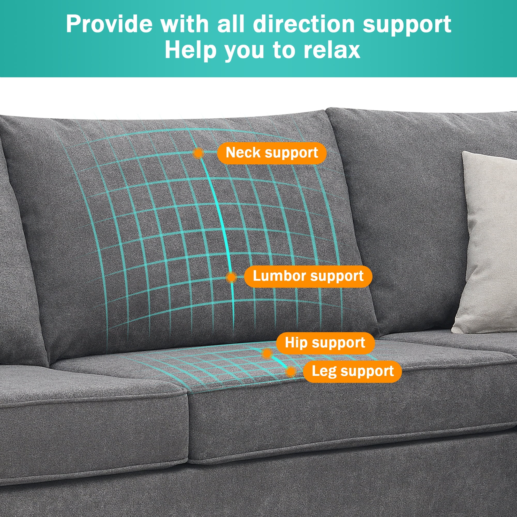 Harper & Bright Designs Upholstered Living Room Sectional Sofa, L Shape Furniture Couch with 3 Pillows, Fabric Sofa Couch for Large Space Apartments Office, Grey