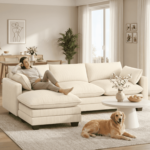 110'' L Shaped Cloud Couch with Removable and Washable Cover, Noelse 3 Seater Modular Sectional Corduroy Sofa with Deep Seat and Movable Ottoman for Living Room Bedroom, Beige