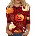 thumbnail image 2 of Womens Shirts Halloween Funny 3/4 Sleeve Tops Horror Pumpkin Ghost Printed T Shirts Spooky Round Neck Pullover Holiday Three Quarter Length Blouses, S, 2 of 7