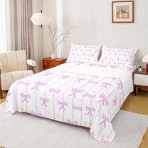 Manfei Girly Pink Cartoon Bowknot Bed Sheets, Chic Stripes Ombre King Sheets, Teens Kids Girls Female Sheet Set, Luxury Bedroom Decor, 4-Piece