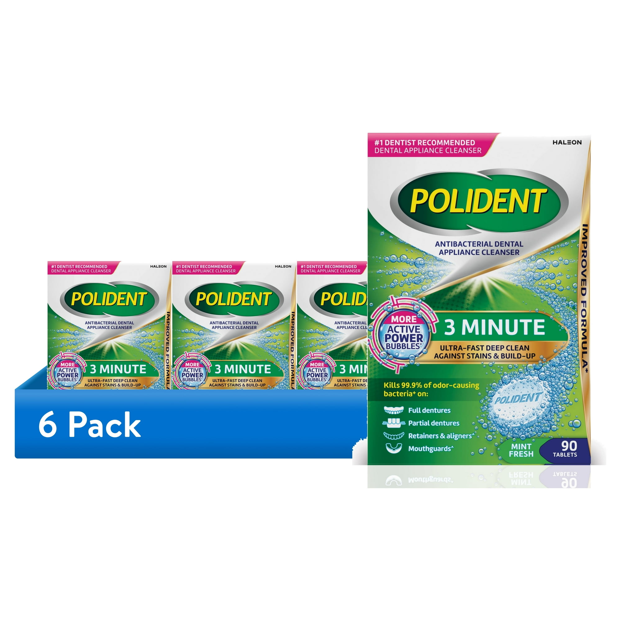 (6 pack) Polident 3 Minute Antibacterial Dental Appliance Cleanser Tablets, Retainer Cleaner Tablets, 90 Count