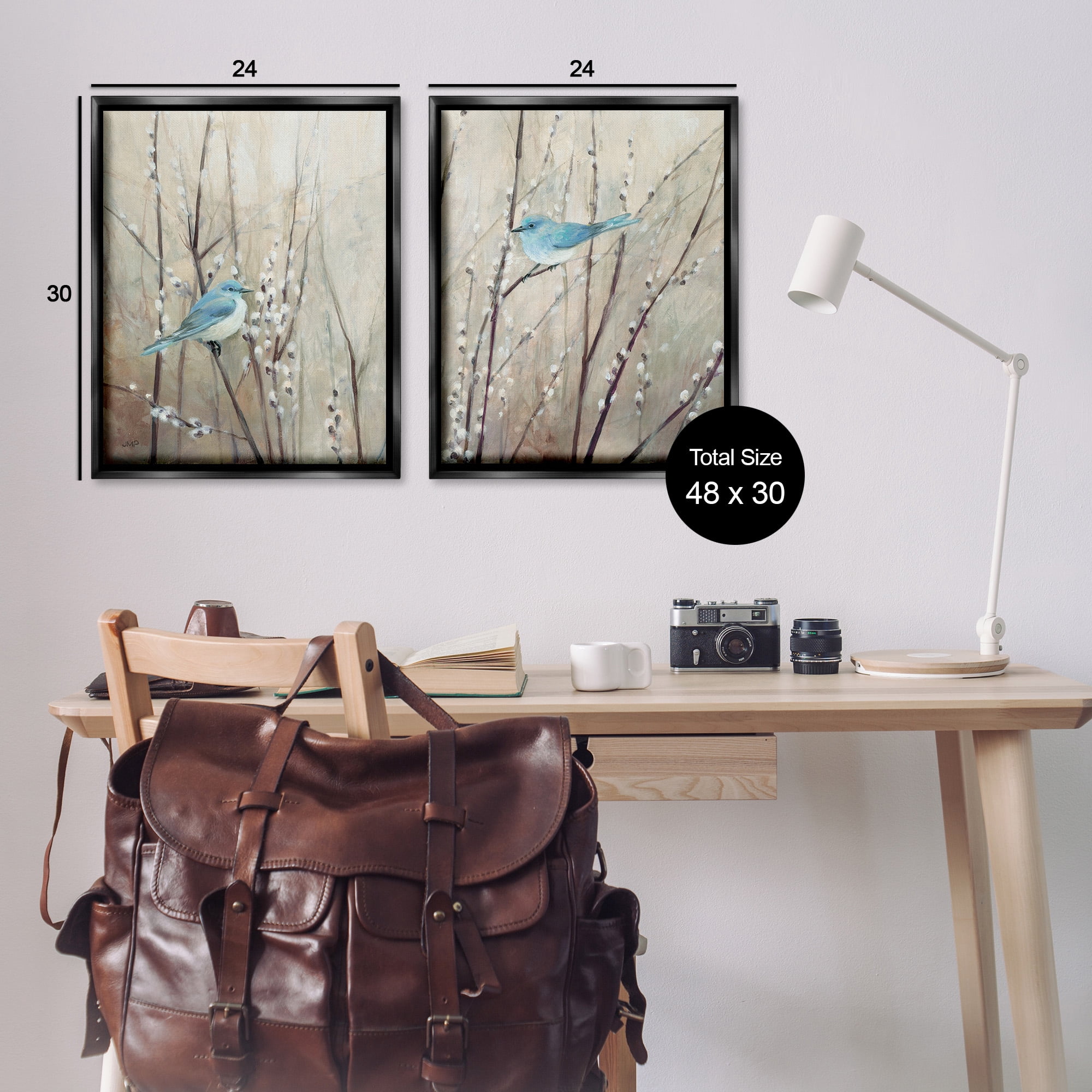 Stupell Industries Peaceful Perched Blue Birds Animals & Insects Painting Black Floater Framed Canvas Art Print Wall Art, 25 x 31, Set of 2