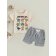 thumbnail image 4 of Conjunto de verano para niño pequeño: camiseta de manga corta con cuello redondo y estampado de letras de dinosaurios con pantalones cortos lisos., 4 of 9