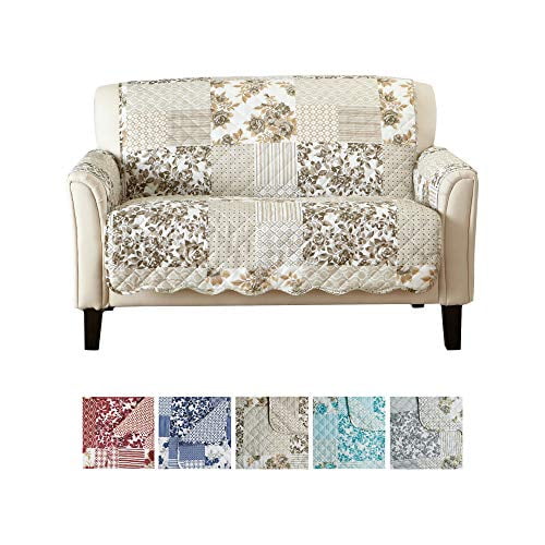 Patchwork Scalloped Printed Furniture Protector. Stain Resistant Loveseat Cover. (Loveseat, Taupe)