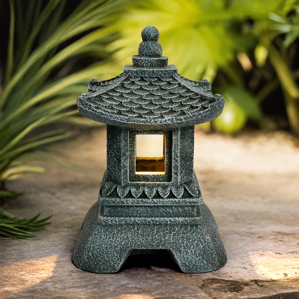 12 Inch Solar Japanese Pagoda Lamp Statue, Zen Asian Style Outdoor Garden Ornament, Art Decor Figurine for Balcony Patio Porch Yard Landscape