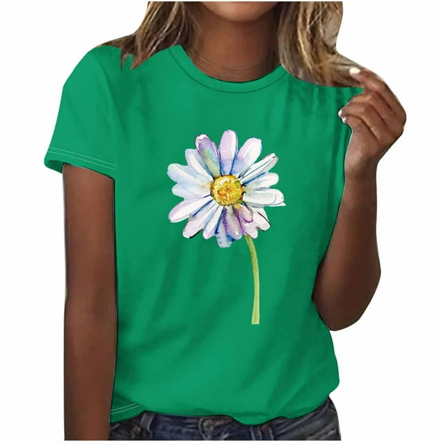 FAIWAD Hauts d'Été à Motif Floral pour Femmes, Col Rond Décontracté, T-Shirt à Manches Courtes, Coupe Ample et Confortable, Chandail à Enfiler