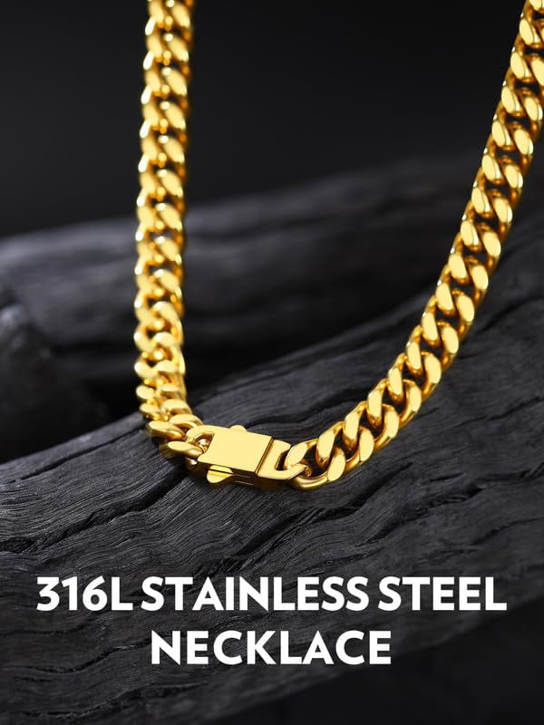 Bandmax 7MM Men's Chunky Cuban Chain Necklace for Men Women Stainless Steel 14K Gold Plated Hip Hop Miami Chain Birthday Valentines Father Day Gift for Dad Son Husband