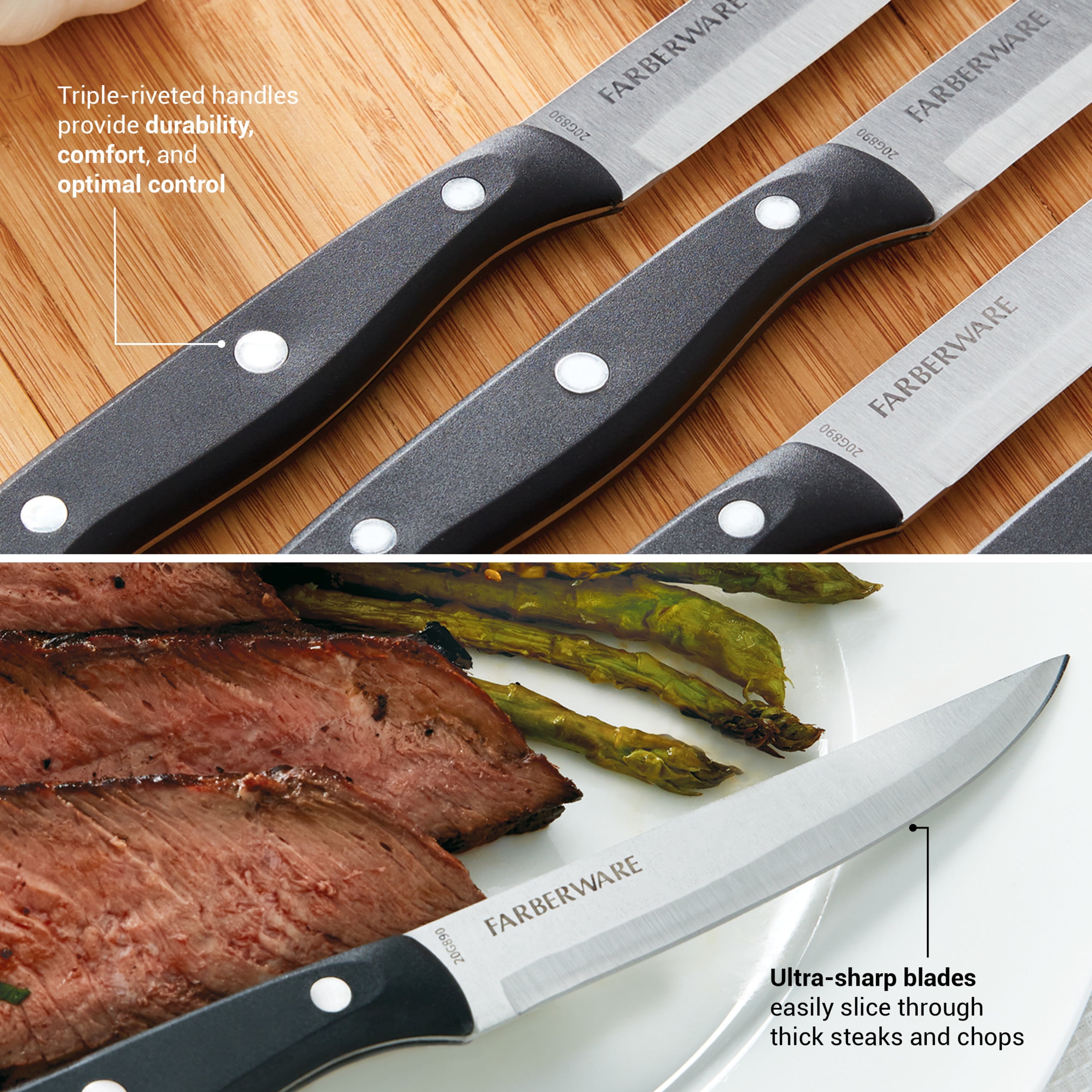 (3 pack) Farberware Classic 4-Piece Stainless Steel Steak Knife Set, Black Handles
