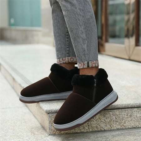 

Cathalem Snow Cleats for Mens Boots Ladies Fashion Solid Color Suede Cotton Slippers Warm Side Zipper Platform Work Shoes Wide Brown 11.5