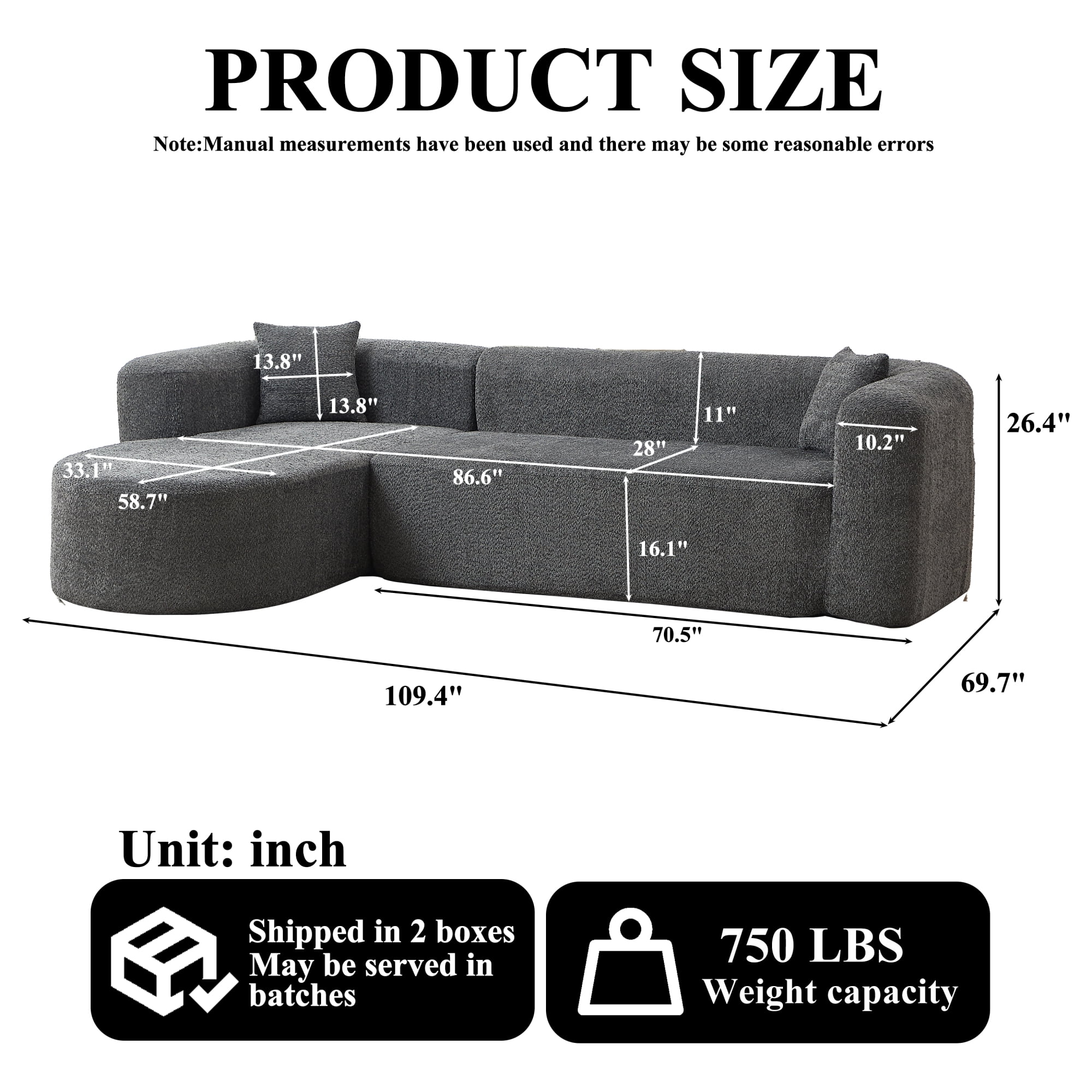 Leumius 109.4" Modern L-Shape Modular Sectional Sofa, Luxury Modern Curved Back Sofa with 2 Throw Pillows, Minimalist Boneless Cloud Couch Gray