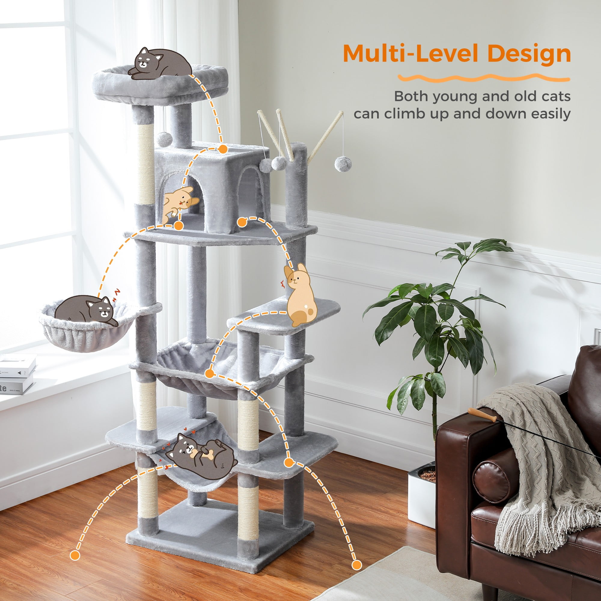 resenkos 70" Large Cat Tree Tower with Scratching Posts, Perches, Basket, Hammock, Multi-Level Plush Cat Condo for Indoor Cats, Gray