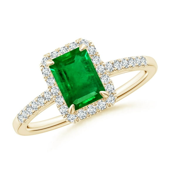 ANGARA Lab Grown 1 Ct Emerald-Cut Emerald Ring with Diamond Halo for Women in 14K Yellow Gold (Size-7x5mm) | May Birthstone, Birthday, Anniversary, Jewelry Gift for Women | Lab-Grown Emerald Ring