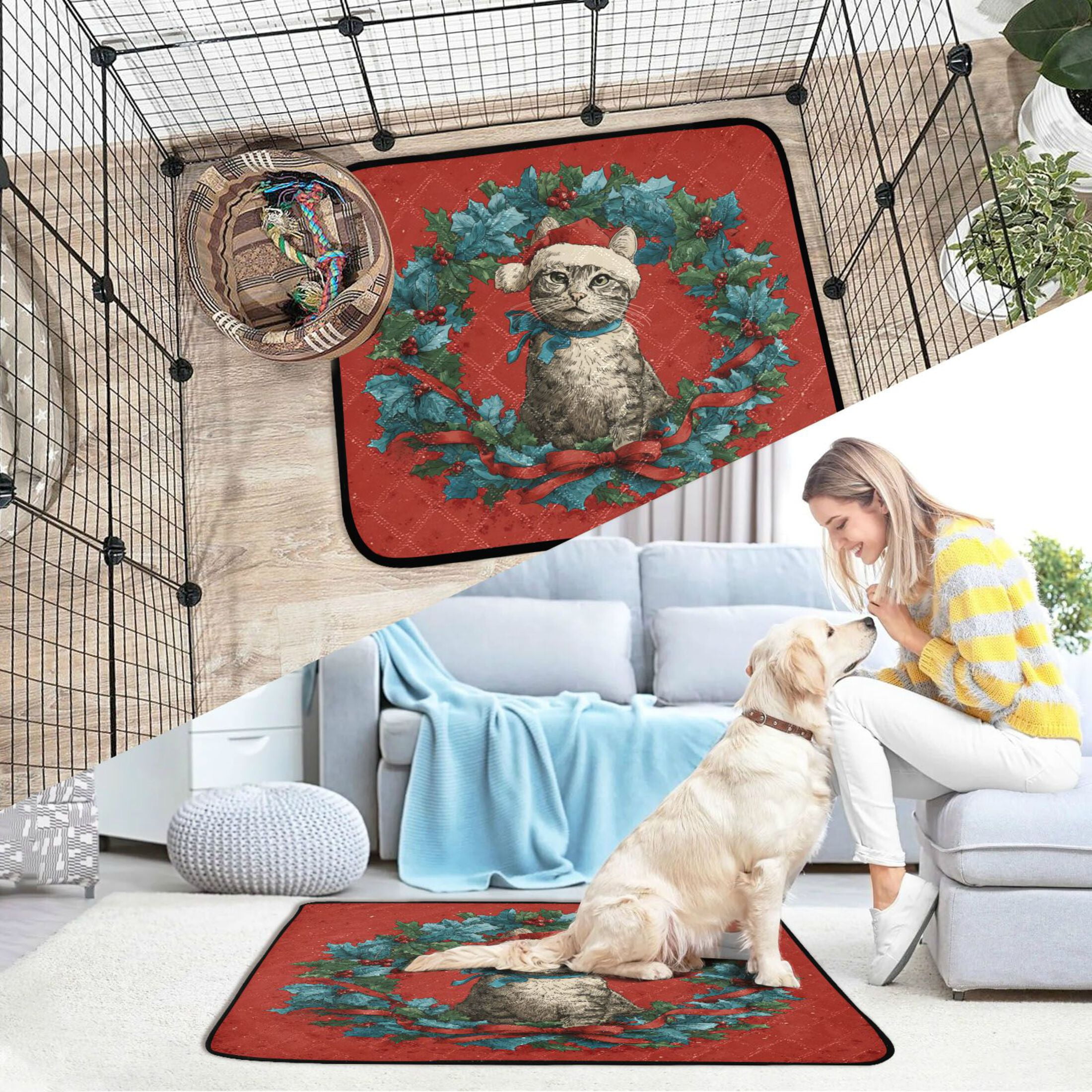 Qxltty Christmas Tabby Cat Cat litter Pads Pet Set of 2 Diaper Mats Center Anti-leakage Layer Absorbent Soft and Comfortable