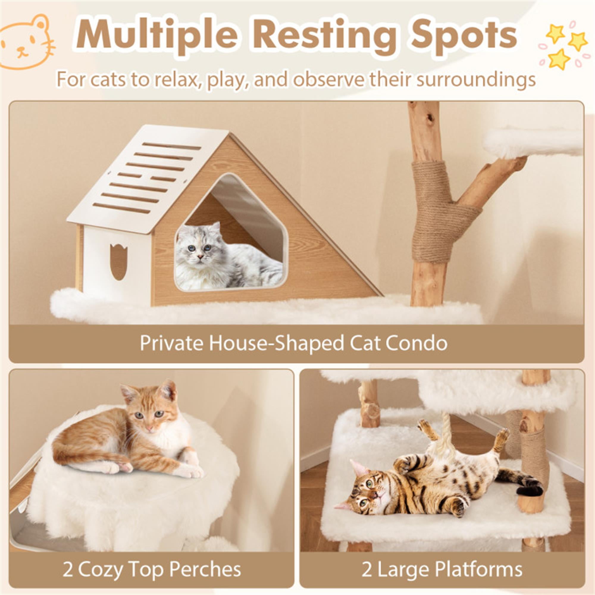 Kadyn 60" Solid Wood Cat Tree Tower for Indoor, Modern Cat Condo with Scratching Post, Cat Climbing Tree House Furniture, White
