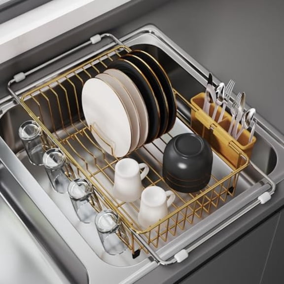 Gold in Sink Dish Drying Rack Expandable Stainless Steel Small Dish Rack Over Kitchen Sink Plate Drainer Strainer with Cutlery Holder Cup Holders Counter Space Saving Wire Dryer Rack