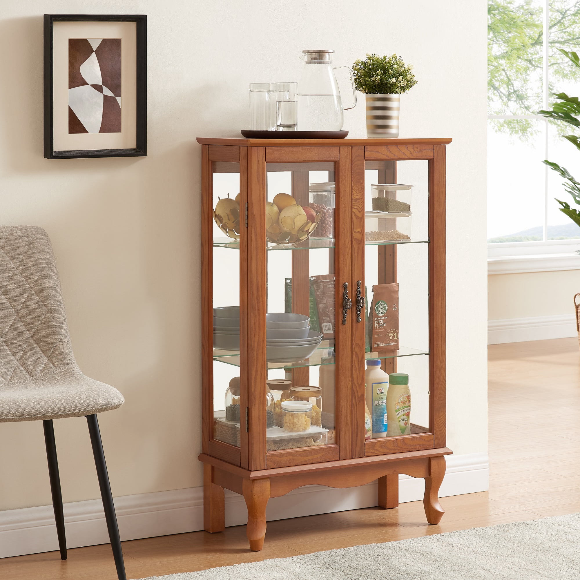Miniyam Curio Display Cabinet with Light & Tempered Glass Doors, Oak
