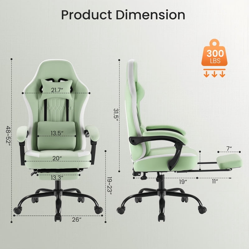Kelno Ergonomic Gaming Chair with Footrest Lumbar Support Adjustable High Back Swivel Office Chair, Green