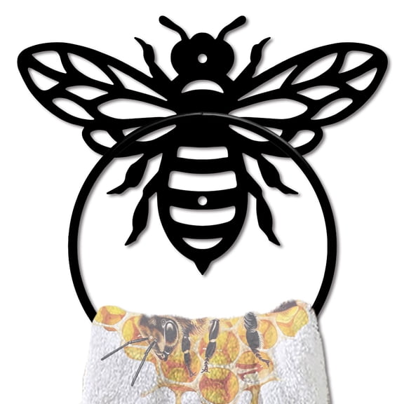 Honey Bee Metal Towel Ring Hand Towel Holder Round Cute Insects Towel Hangers Black Bathroom Towel Rack Wall Mounted for Kitchen Bath Home Laundry