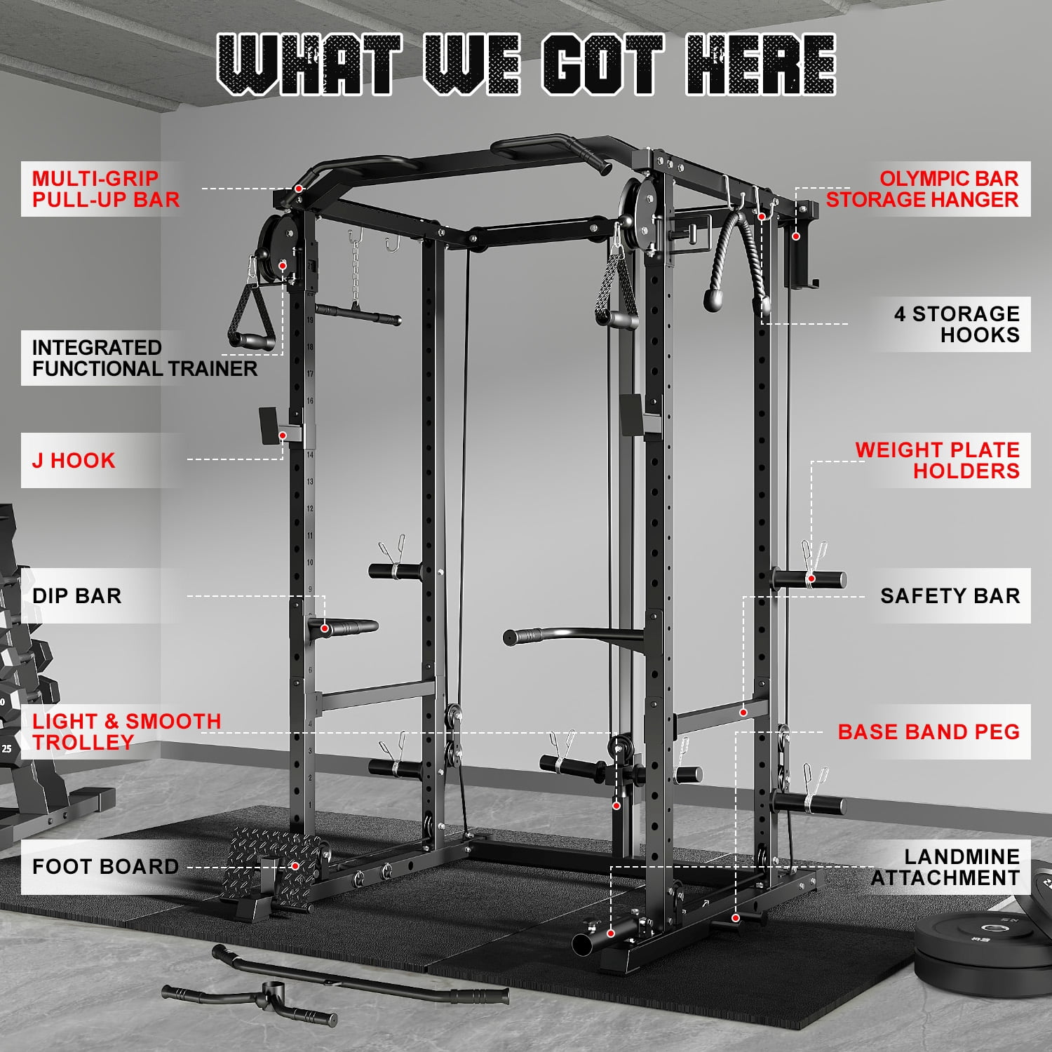 MITONOS Power Cage, 2000LB Squat Rack with Cable Crossover System, Multi-Function Weight Cage, Home Gym Workout Machine with More Training Attachments, BK