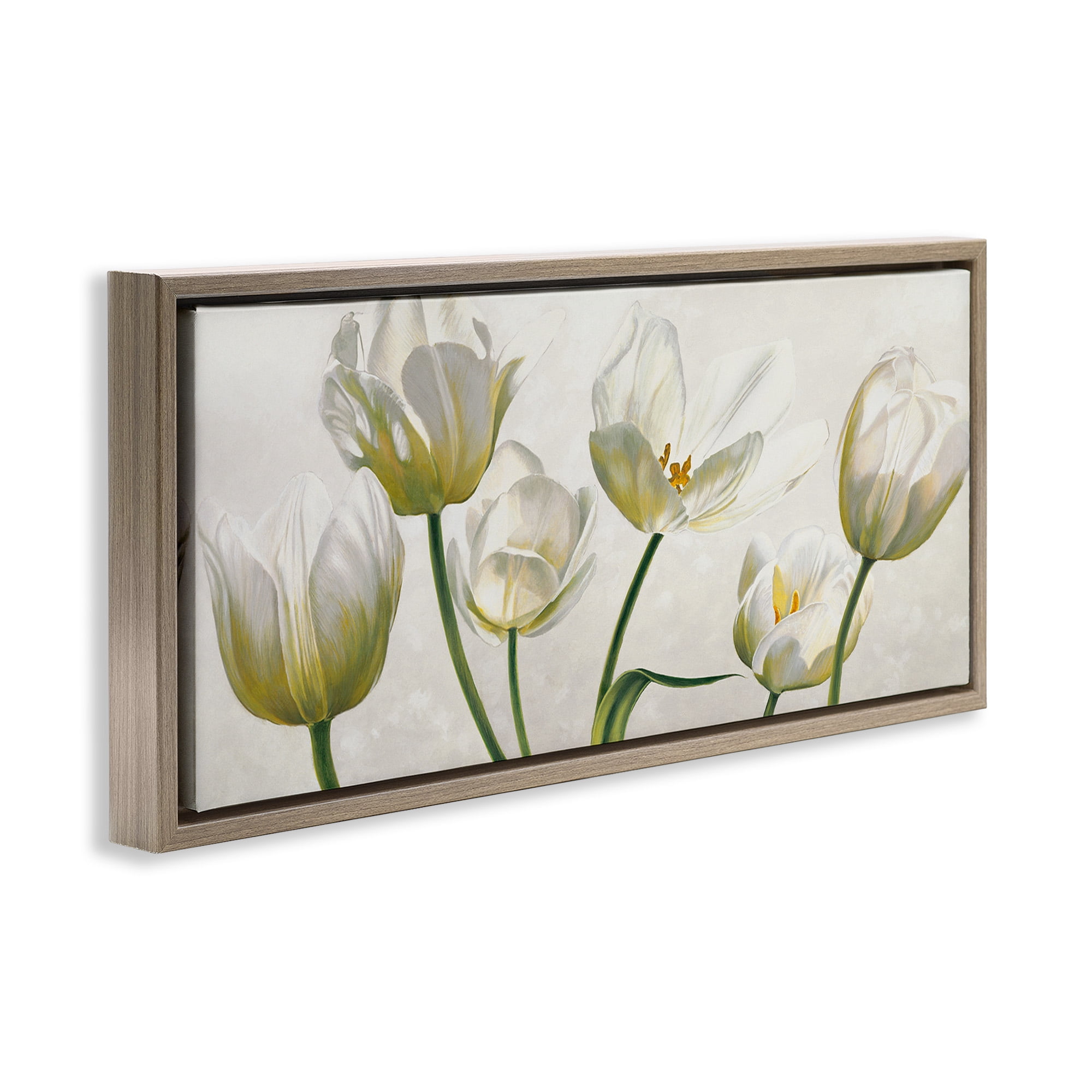 Stupell Industries Soft White Blooming Tulips Botanical & Floral Painting Brown Floater Framed Canvas Art Print Wall Art, 25 x 11