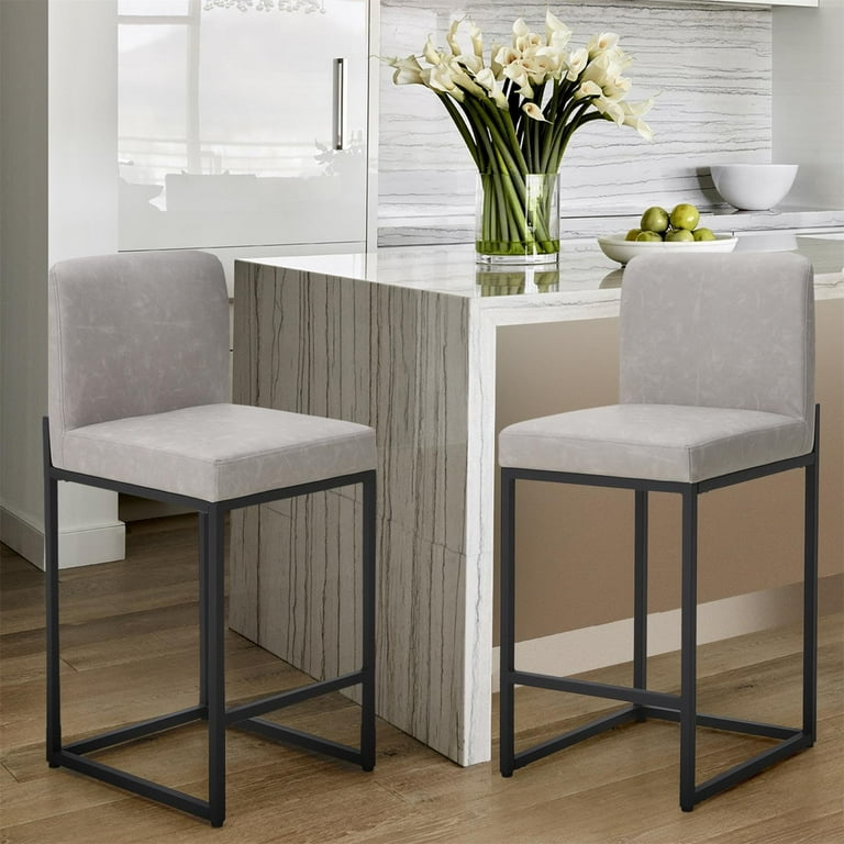 Bar Stools Set of 4, Light Grey Bar Stools with Backs,Modern PU