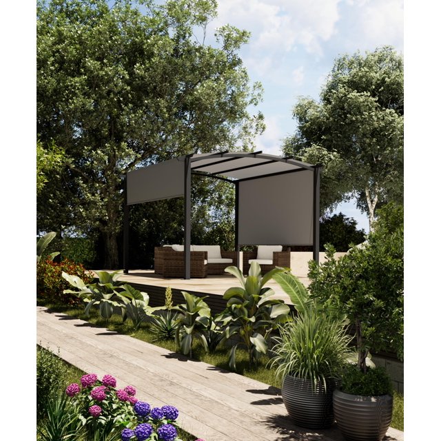 BeesClover Pergola Arquée Extérieure 10x10 Pieds, Gazebo en Aluminium Robuste avec Auvent Rétractable, Résistant aux UV pour Terrasse Jardin Porche Pelouse
