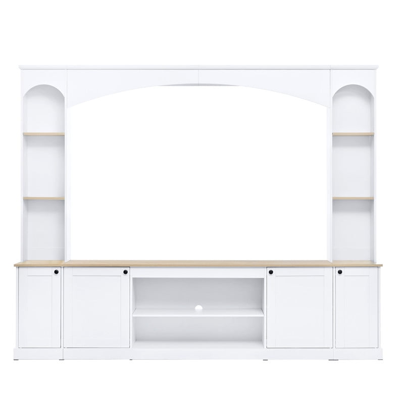 Elegant Arched Entertainment Center Wall Unit with Bookshelf for TVs Up to 70", Farmhouse TV Stand with Storage Cabinets, 91'' Media Console with Adjustable Shelves for Living Room