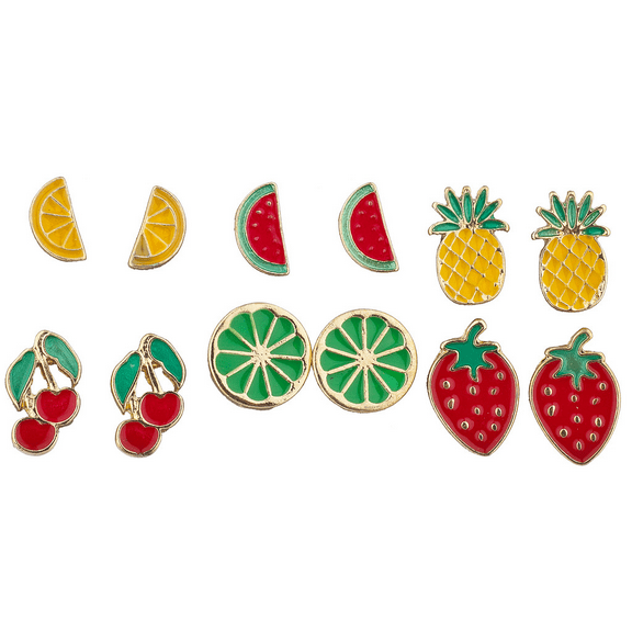 Lux Accessories Gold Tone Enamel Tropical Fruit Multi Earring Set (6pc)