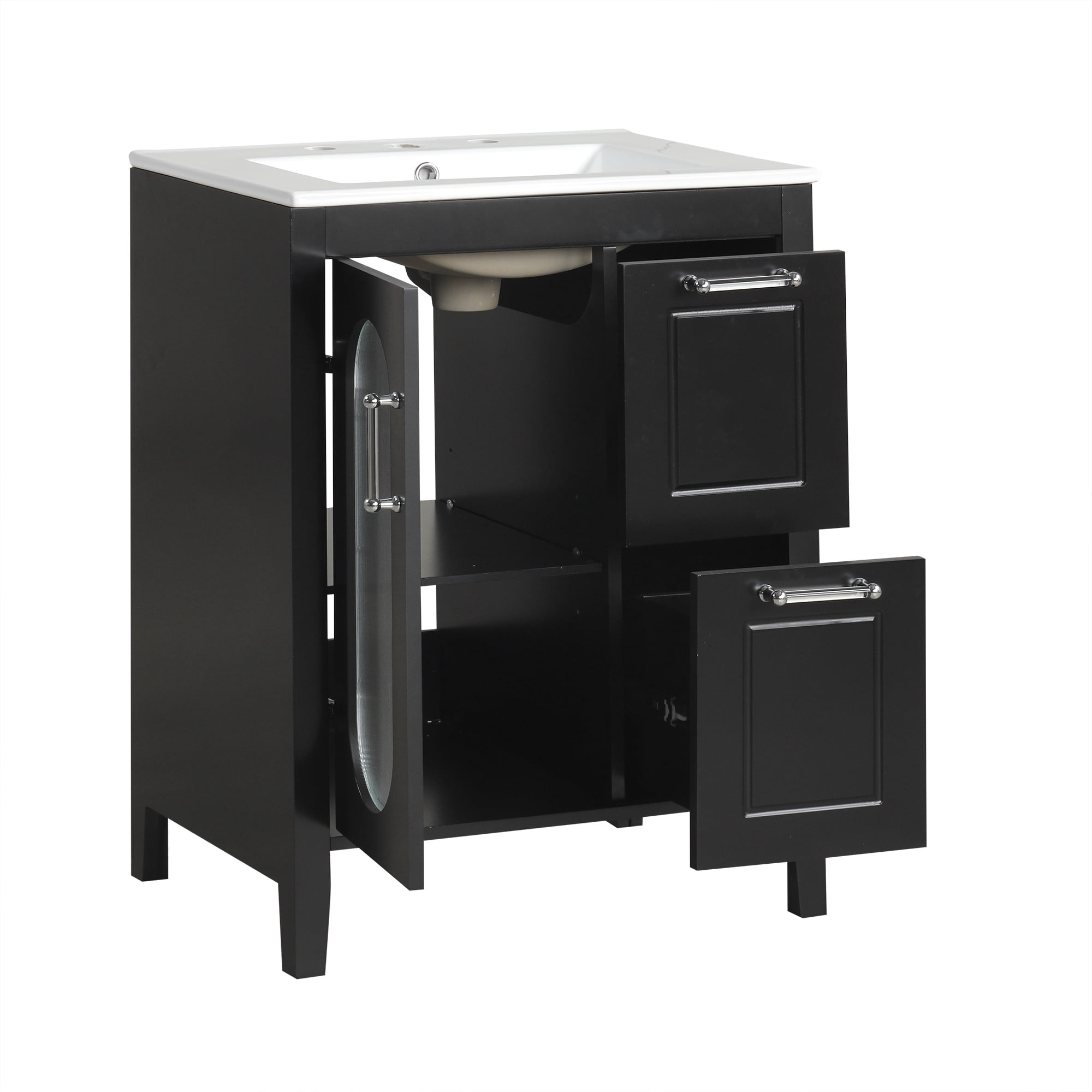 PAPROOS 24 inch Bathroom Vanity with Sink, Wood Freestanding Bathroom Cabinet Vanity with 2 Drawers and Door, Modern Bathroom Storage Cabinet with Glass Door, Adjustable Shelf and Solid Frame, Black
