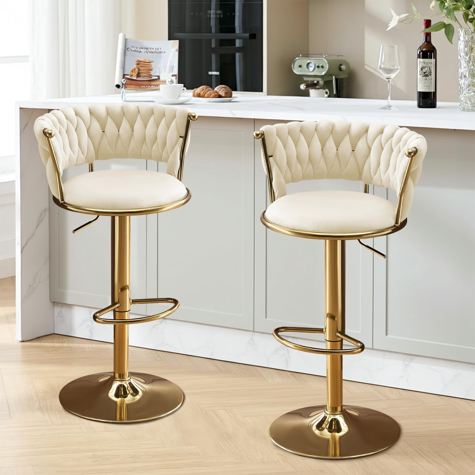 Set of 2 360° Swivel Velvet Bar Stools, Adjustable Counter Height Bar Chairs with Gold Metal Base & Low Back, Modern Kitchen Island Barstools for Dining Room & Pub, Beige