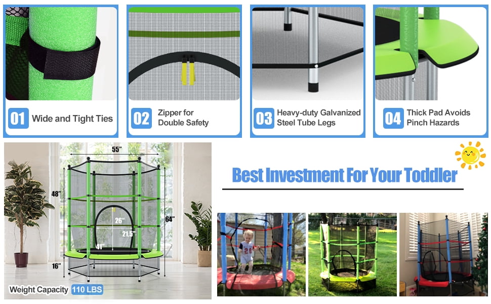 Topbuy Kids Round Jumping Trampoline Combo Bed Trampoline W/ Safety Enclosure Net Green