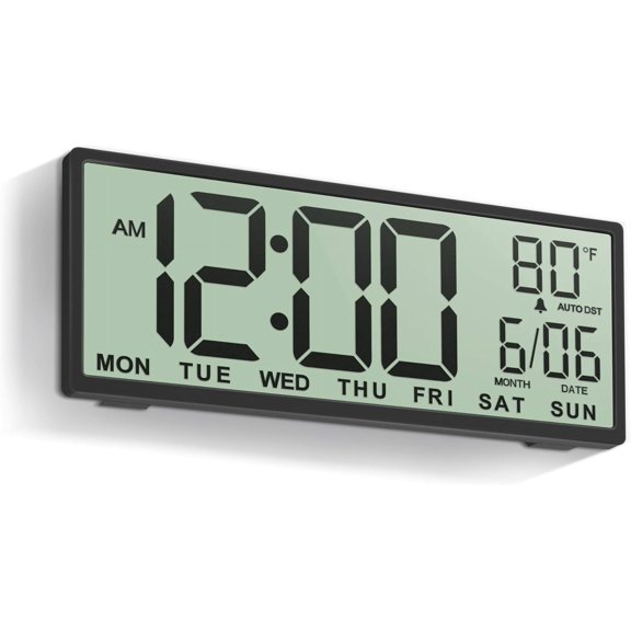 14.5" Large Digital Wall Clock Battery Operated with Big Digits LCD Screen Display, Day, Date, Alarm, Auto DST, Temperature for Living Room, Bedroom, Desk Decor, Mounted, Gift for Elderly