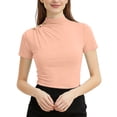 thumbnail image 4 of Olyvenn Mock Neck Button Tops for Women Short Sleeve Slim Fitted Solid Blouses Summer Elegant Bussiness Outfits 2026 Pink L, 4 of 6