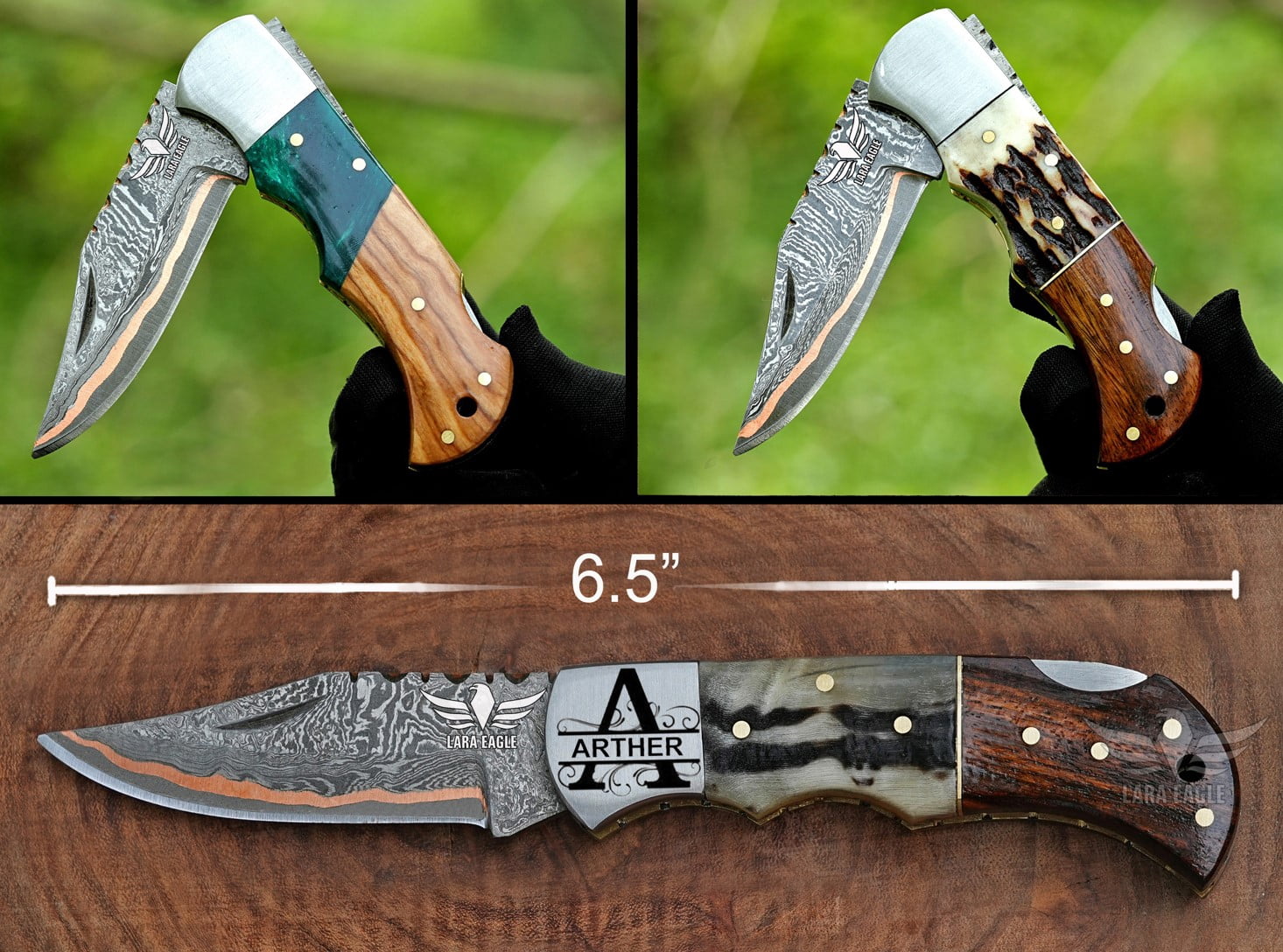 Lara Eagle Personalized Handmade Damascus Copper Folding Knife for Men – Copper Anniversary Pocket Knife – Groomsmen, Outdoor, Camping, Hunting & Survival Gift for Him