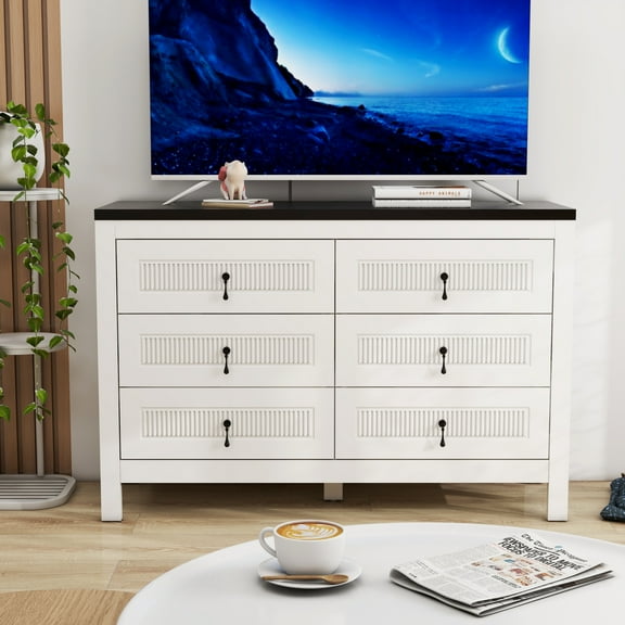 Twin Fins Modern 48-Inch White TV Stand Cabinet w/ 6 Drawers - Fits Up to 50" TV